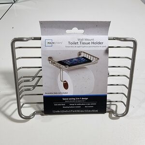 NWT Mainstays Satin Nickel Wall Mount Toilet Paper Wipes Phone Holder Space Savi